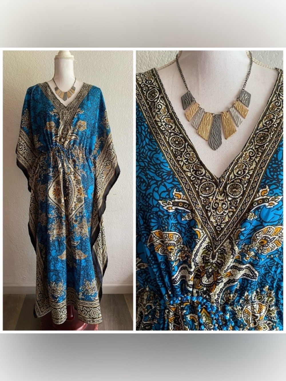 Elegant Blue and Gold Patterned Maxi Dress